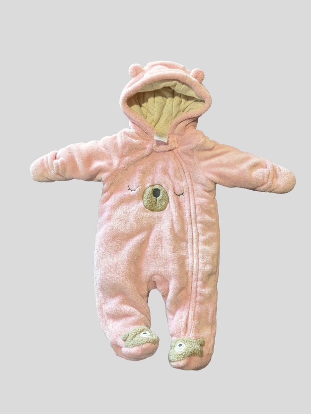 Baby Girl Fleece Snowsuit 0-3 Months Pink Bear Bunting Hooded Footed